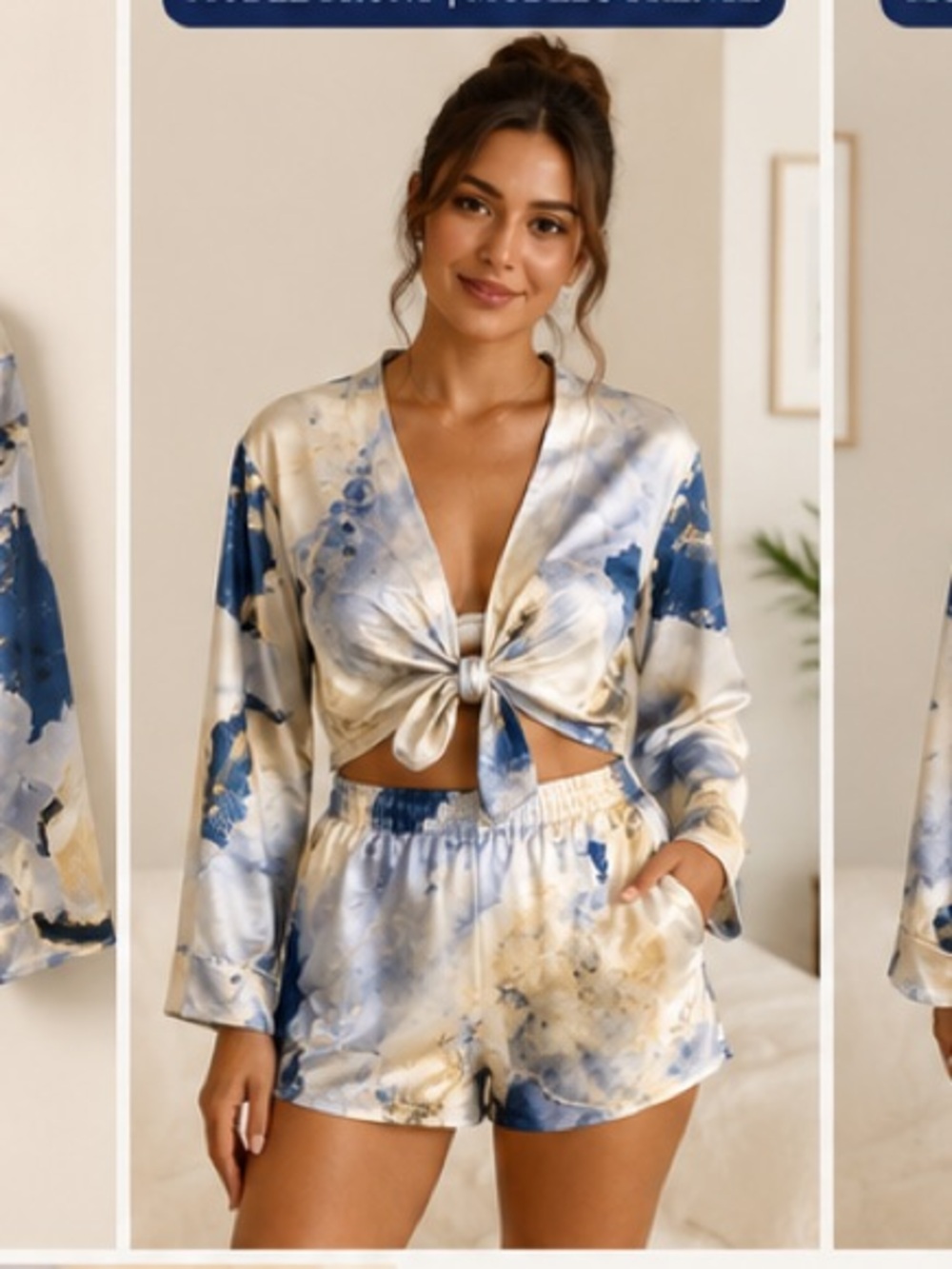 12th Tribe Blue and Cream Tie-Front Satin Pajama Set